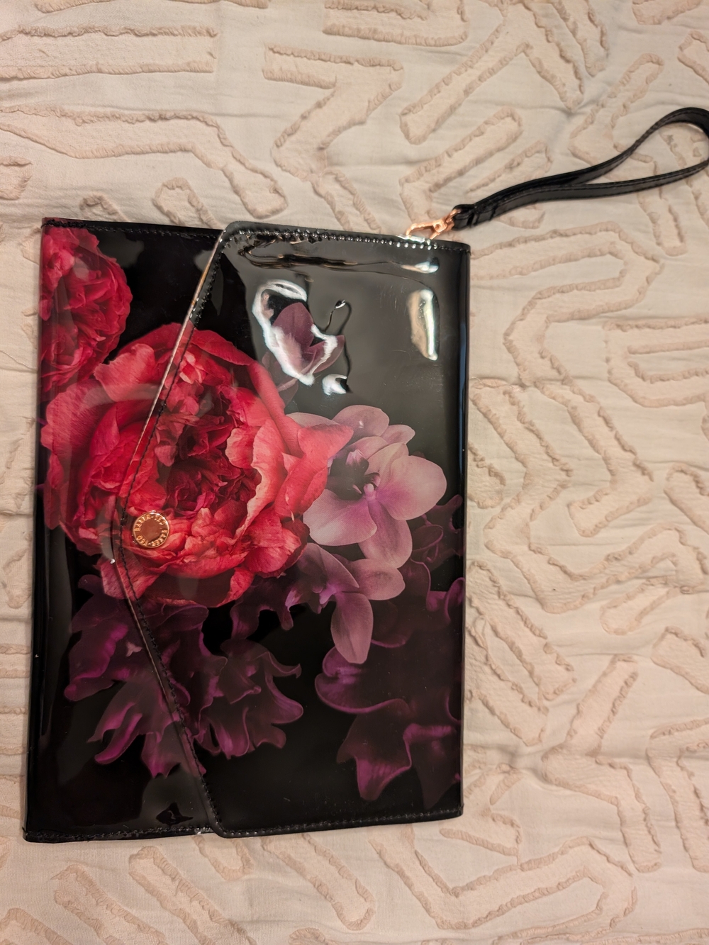 Ted Baker Black Patent Floral Wristlet Clutch with Pink Blooms
